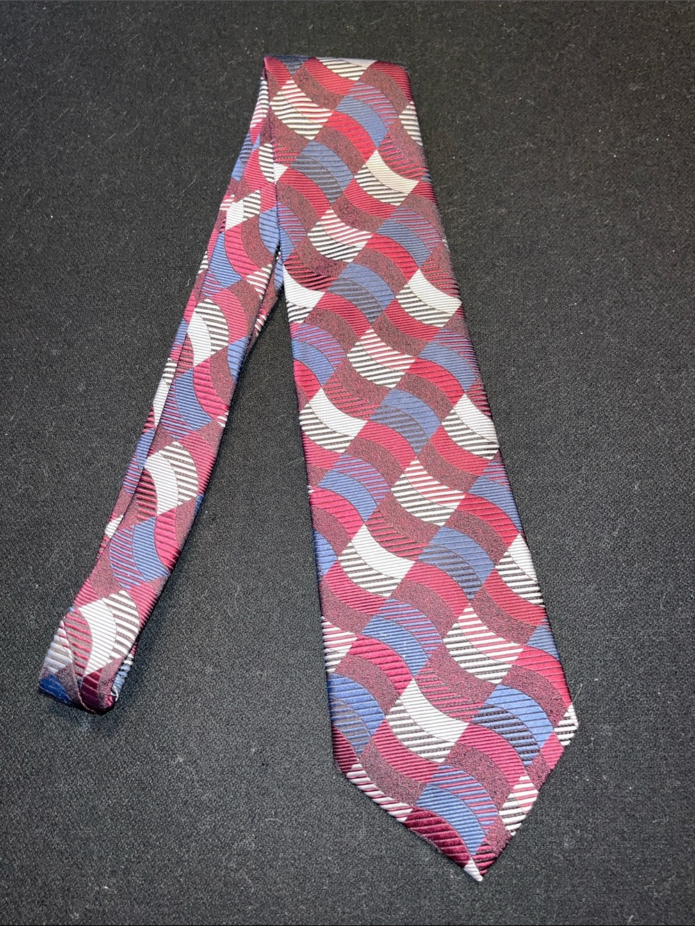 Haggar Burgundy, Blue & White Wave Motif Silk Tie